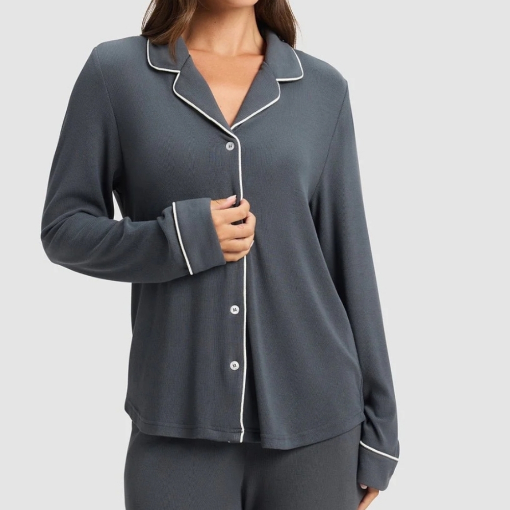 Cozy Earth Women's Large Pajama Top Long Sleeve Dark Grey Bamboo Sleepwear